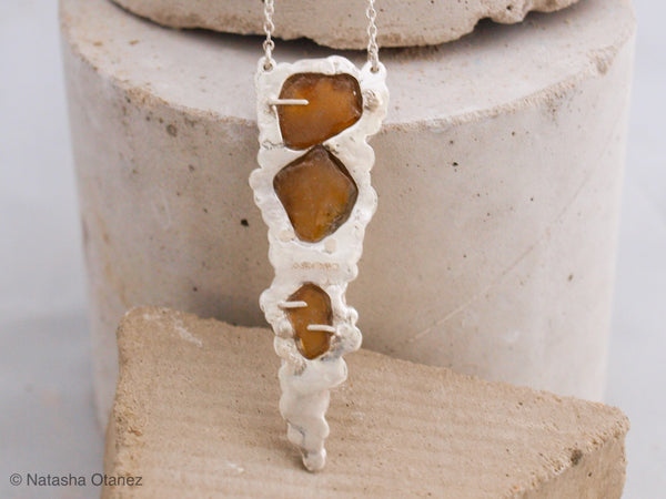 Amber seaglass trio silver necklace